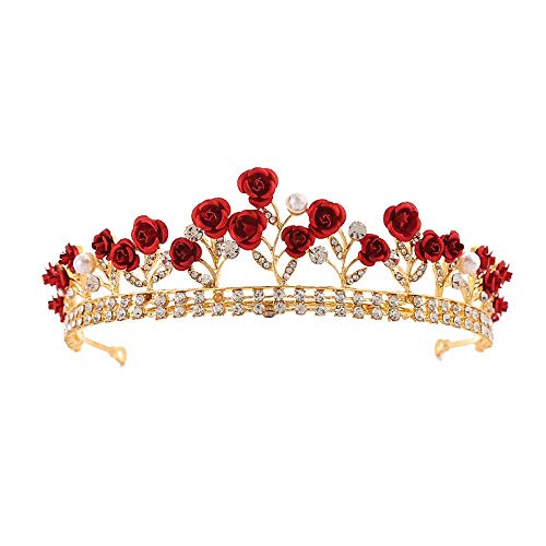 Chdhaltd Crystal Bridal Tiara com flor de rosas, coroa de princesa de casamento, princesa de casamento, acessórios para o cabelo, cabeça de noiva vermelha para mulheres