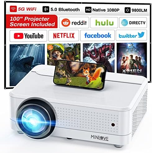 5G WiFi Bluetooth Projector, Minlove Native 1080p Home Movie Theatre Projector com Screen 100 , 450 Exibir 9800L Projetor de vídeo HD Full para teto de negócios, para HDMI, iOS, Android, TV Stick, PC, PS5, USB