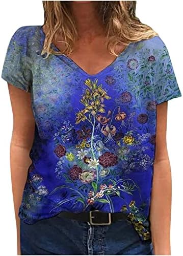 3D Tops de impressão floral para mulheres Tops casuais de verão vintage Vintage Camis de manga curta V camisetas soltas camisetas de blusa de túnica boho