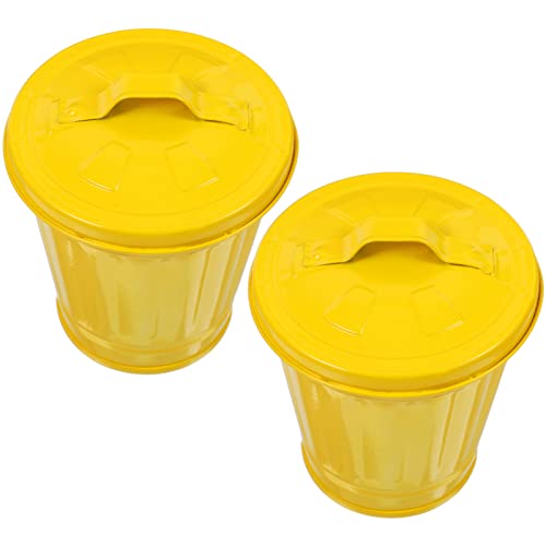 Alipis 2pcs Batentop Wastebasket: Lixo galvanizado pode mini lixo de lixo lixo lixo lixo lixo portador de caneta metal vaseira amarela amarela