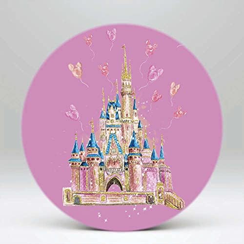 iydoda bebê menina festa de aniversário decoração de 7,5 pés de diâmetro redondo cenário rosa castelo dourado fundo de fundo azul escudo de tecido ironizável lavável