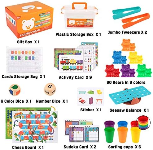 Boogem Rainbow Counting Bears Toys para crianças, 115pcs Contando ursos de pelúcia Conjunto de presentes com copos de classificação de cores, brinquedos educacionais 30 grandes e 60 ursinhos de pelúcia para crianças e crianças pequenas
