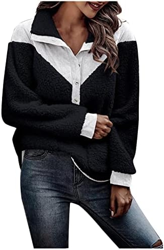Moletom Sherpa Sherpa para feminino Zip em lapela de retalhos de retalhos de moda de manga longa de suéter quente e quente