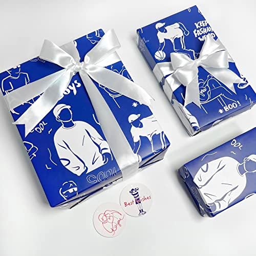 Presente de papel de embrulho Conjunto para crianças meninas meninas adultos papel azul incluem acessórios de fita adequados para aniversário da formatura da formatura Festas de férias de chá de bebê 6 rolos 16,5 x 39,4 polegadas