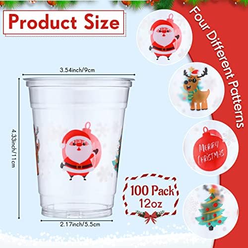 NUOGO 100 PCS Charas de festa de Natal, copos de plástico transparentes de férias de 12 onças de xícaras de Natal para beber crianças adultos decorações de festas de natal