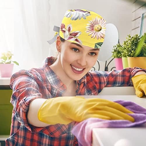 Capas de limpeza de esfoliante ajustável 2 PCs colorido chapéu de trabalho floral capa de cabelo com bolsa de rabo de
