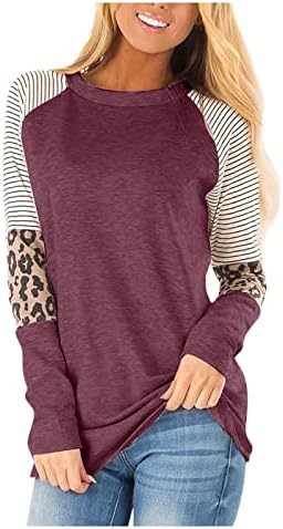 Camisas de manga comprida para mulheres, outono feminino e inverno com estampa de leopardo listrado no pescoço redondo