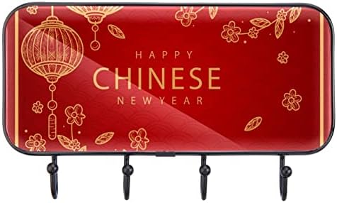 Vioqxi ganchos de parede trilho de rack Feliz ano novo chinês, suporte de parede de casaco resistente, chapéu de casaco com 4 ganchos para pendurar roupas, chaves, toalhas, bolsa, lenço