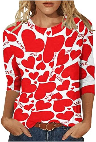 Camisas do Dia dos Namorados femininos adoram impressão de coração 3/4 de manga camiseta blusa na moda túnica de túnica redonda