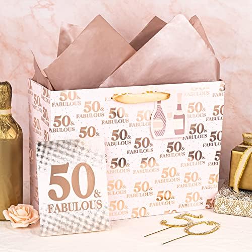 Lezakaa 16 Bolsa de presente grande com papel de seda, etiqueta de presente e cartão, 50 e letras fabulosas com papel dourado metálico em rosa para aniversário, aniversário
