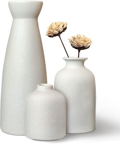 Vasos de cerâmica branca Conjunto 3 para decoração da casa da fazenda, vaso pequeno de boho moderno para pampas decorativo de flores, vasos para a mesa de jantar da sala de estar estante de estante de estar decoração de quarto
