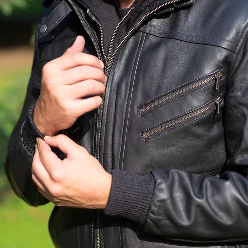 Jaqueta de couro de moda TLC com capuz removível - jaqueta de couro de verdade para homens
