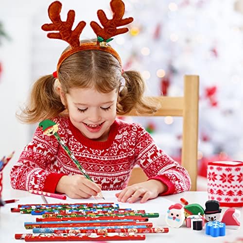 Plulon 24 peças Lápis de Natal com 24 peças Eraser Lápis de férias com elementos de Natal do Papai Noel, Elk, Sleigh, Bell For Christmas Festy Supplies Xmas Wood Lápis （Total de 48 peças）