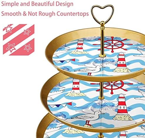 Stands de bolo Conjunto de 3, gaivota Lighthouse Wheel Wave Sea Ocean Padrão Pedestal Display Tabel Sobessert Stand para Celebração do chá de bebê de casamento