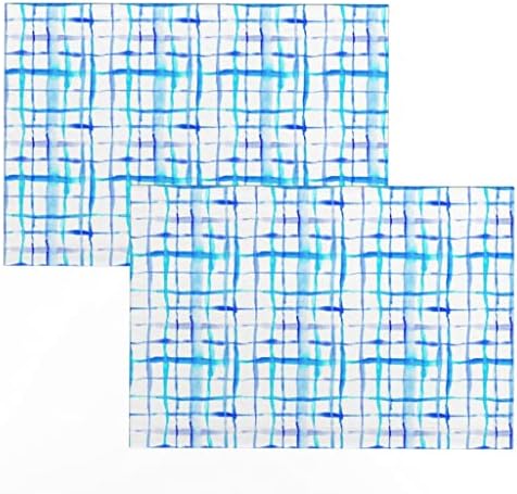 Linen Cotton Canvas Placemats - Aquarela abstrata tie corante Indigo Plaid azul Gingham Grid Preppy Boy Baby Nursery Tartan Ink Print