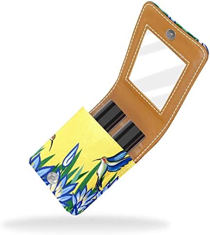 Mini estojo de batom com espelho para bolsa, beija -flores com Blue Flowers Portable Case Holder Organization