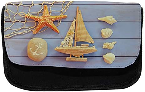 Caixa de lápis náutica lunarável, tábuas de madeira conceitual do mar, bolsa de lápis de caneta com zíper duplo, 8,5 x 5,5, creme