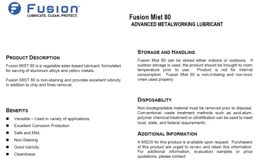 Óleo de corte de MQL | Fusion Mist 80 | Lubrificante de Metalworking Avançado para Operações de Máquinas para Corte e Moagem