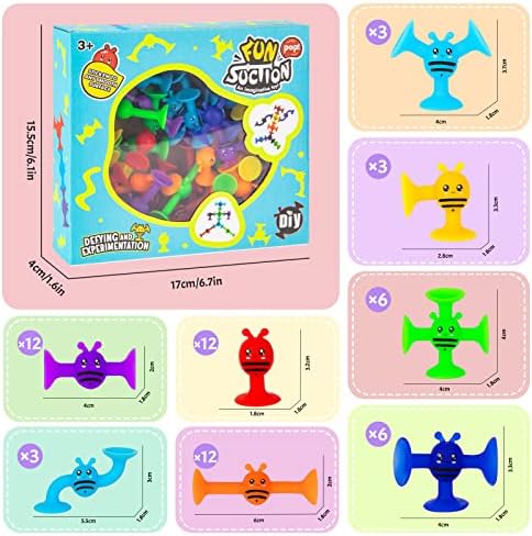 Brinquedos de brinquedos de banho de sucção Pugimtoy, 57 PCs Slicone Sucker Toys for Kids, Brinquedos de construção de copos de sucção, brinquedos pop, conjuntos de edifícios de brinquedos, brinquedos de classificação e empilhamento, brinquedos de aprendizagem pré -escolar, criança montes