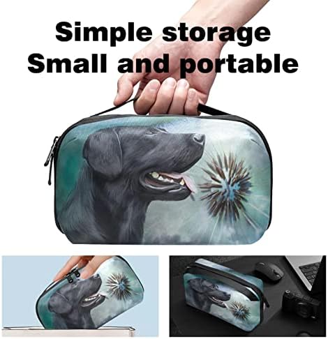 Organizador eletrônico Bolsa organizadora de cabos de viagem pequena para discos rígidos, cabos, carregador, USB, cartão SD, Labrador preto animal dente de leão de cachorro