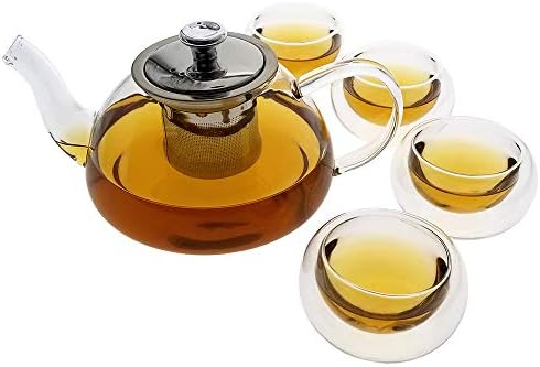 Teaology Infuso Borossilicate Infusão Tule de chá e vidro - Kettle de vidro resistente ao calor de 5 peças e conjunto de presentes