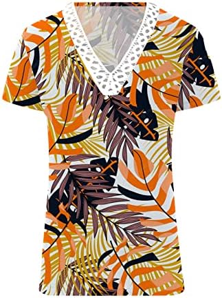 Tops de verão femininos Crochet Lace V pescoço de manga curta Túnica de túnica elegante Flowy Blouse Tropical Flower Hawaiian