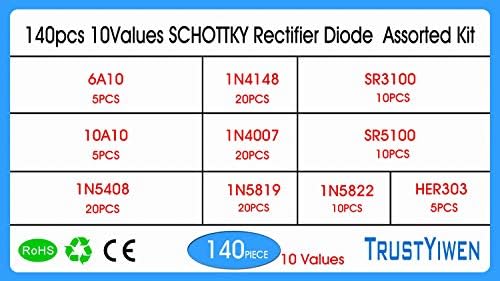 Novo diodo retificador de 140pcs 10Values ​​1N4148 1N4007 1N5819 1N5408 1N5822 SR3100 SR5100 HER303 6A10 10A10