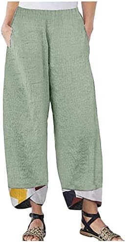 HDZWW Autumn Pant Ladies Linen perna reta Solides longas calças com bolsas de cintura elástica respirável namorado