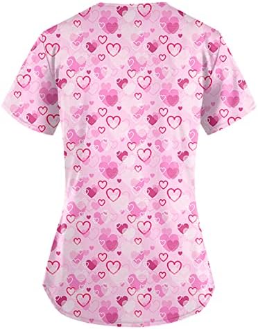 Uniformes impressos de enfermagem para mulheres, camisas de decote em vastro de manga curta Tops de impressão do dia dos namorados com camisa com bolsos