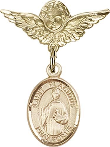 Rosgo do bebê de obsessão por jóias com o charme de St. Placidus e anjo com Wings Badge Pin | Distintivo de bebê cheio de ouro com St. Placidus Charm e Angel With Wings Badge Pin - Made in EUA