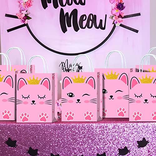 16 peças Crown Cat Goodie Bags, Kitten Pet Cat Candy Gift Snacks Treat Party Favors Saco com alças para crianças para crianças adultos de festas de aniversário decorações