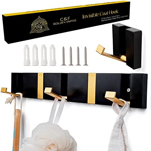 Ganchos de parede dobráveis ​​invisíveis para pendurar - 2 gancho de penduramento de ouro preto - cabides montados na parede - ganchos de casaco de aço inoxidável - ganchos de parede de toalha para pendurar casacos de chapéu de bolsa