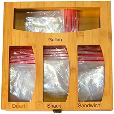 Nero Nero Bamboo Ziplock Bag Organizador de armazenamento, organizador e dispensador de bolsas de armazenamento de alimentos para gaveta de cozinha, compatível com Ziploc, Solimo, Glad, Hefty for Gallon, Quart, Sandwich & Snack Freezer Bag