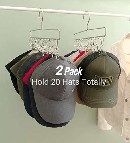 Cabide de organizador de chapéu mkono para conjunto de armários de 2 organizador de boné de beisebol com 20 clipes de chapéu de aço inoxidável para bonés de beisebol, cabides de chapéu prateado para organizador de armário, se encaixa em todas as tampas, 2 peças