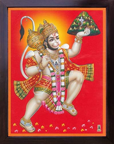 Hanuman levantando a montanha Drongairi e voando sobre o rio, uma sagrada pintura de pôsteres religiosos hindus com moldura para fins