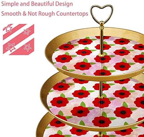 3 Placa de fruta de cupcake de 3 camadas de sobremesa Plástico para servir suporte de exibição para casamento de aniversário Decorações de chá de chá de chá de bebê redondo, flores de papoula vermelha padrão floral padrão