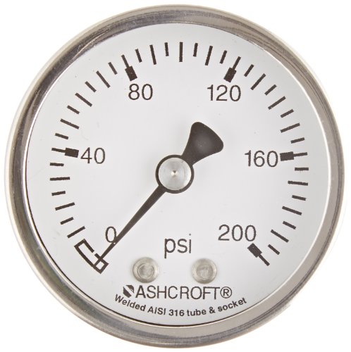 ASHCROFT TIPO 1008S Medidor de pressão em aço inoxidável, tamanho de discagem de 50 mm, conexão traseira central de 1/4 NPT, faixa