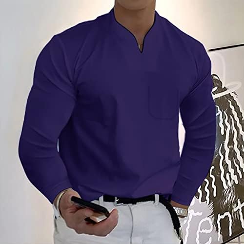 Wocachi Men's V Neck Henley Camisas de manga comprida, 2023 Músculos Slim Fit Business Casual T-shirt Tops sem gola com bolso