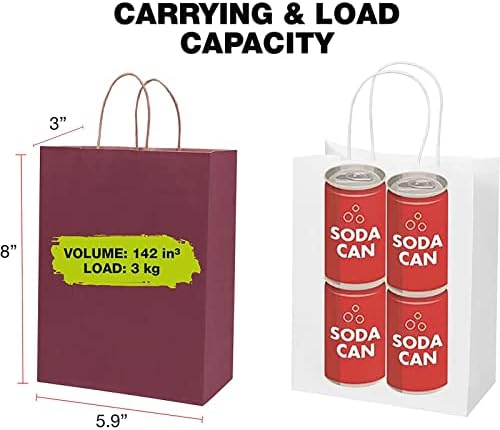Ecotimize sacos de papel kraft com alças, 5,9 x 3 x 8 vinho da Borgonha vermelho 30pcs - sacos de presente ecológicos