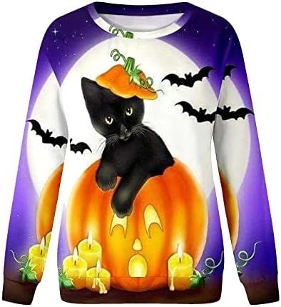 Camisas de Halloween de Beuu para mulheres de pescoço redondo de manga comprida Pumpkin and Cat Print Plocation Sweetshirts Túps de