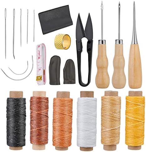 Kit de costura de couro de butuz, kit de reparo de couro de 22 PCs, kit de reparo de estofados com rosca encerada, agulhas