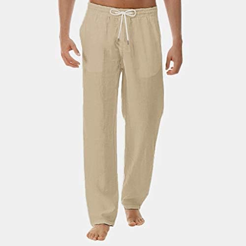 Calça de perna aberta masculina com bolsos e calças de linho de algodão masculino e de estilo de algodão