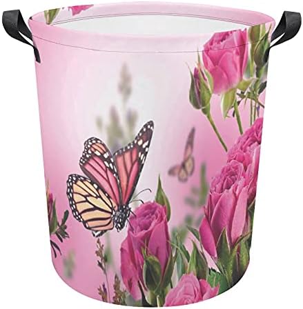 Foduoduo Rapazina Butterfly Butterfly Fliing no cesto de roupa rosa rosa com alças Saco de armazenamento de roupas sujas dobráveis ​​para quarto, banheiro, livro de roupas de brinquedo
