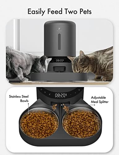 Alimentador de gatos automáticos de petlibro para dois gatos, dispensador de alimentos secos 5l com divisor e duas tigelas inoxidáveis, 10s de refeição e configuração do timer, 50 porções 6 refeições por dia para gato e cachorro