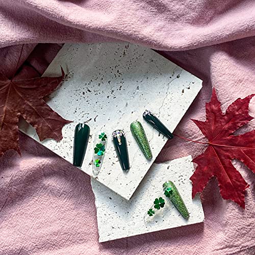 Pressão do Dia de São Patrício em unhas Caixão Fake Nails verde quatro folhas trevo acrílico unhas falsas design de strassils pregos