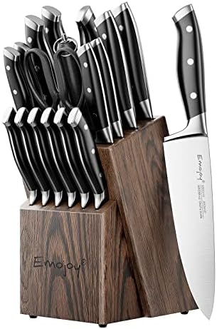 Conjunto de faca emojoy, faca de cozinha de 18 peças com bloco de madeira, afiação manual para o conjunto de facas de chef,