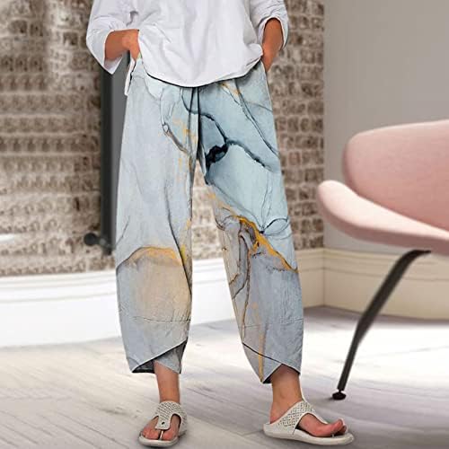 Calça de linho kcjgikpok para mulheres, perna larga com cintura alta calça de linho de algodão de verão com bolsos calças folgadas