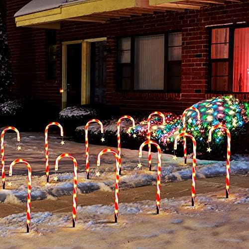 Conjunto de Remagr de 12 Candy Candy Candy Bonker Lights Luzes solares de Natal Decorações ao ar livre de Natal Paisagem Light Pathway Stakes para Patio Garden Yard calçada