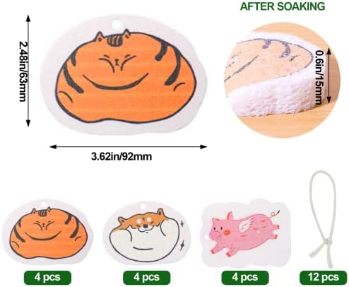 12pcs Biodegradable Cellulose Sponges Compression, esponja de limpeza de cozinha impressa em animais com estampa de animal
