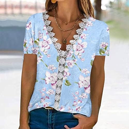 Camiseta adolescente meninas adolescentes manga curta renda de algodão vneck Floral brunch de fit solto bloqueio para mulheres 8k